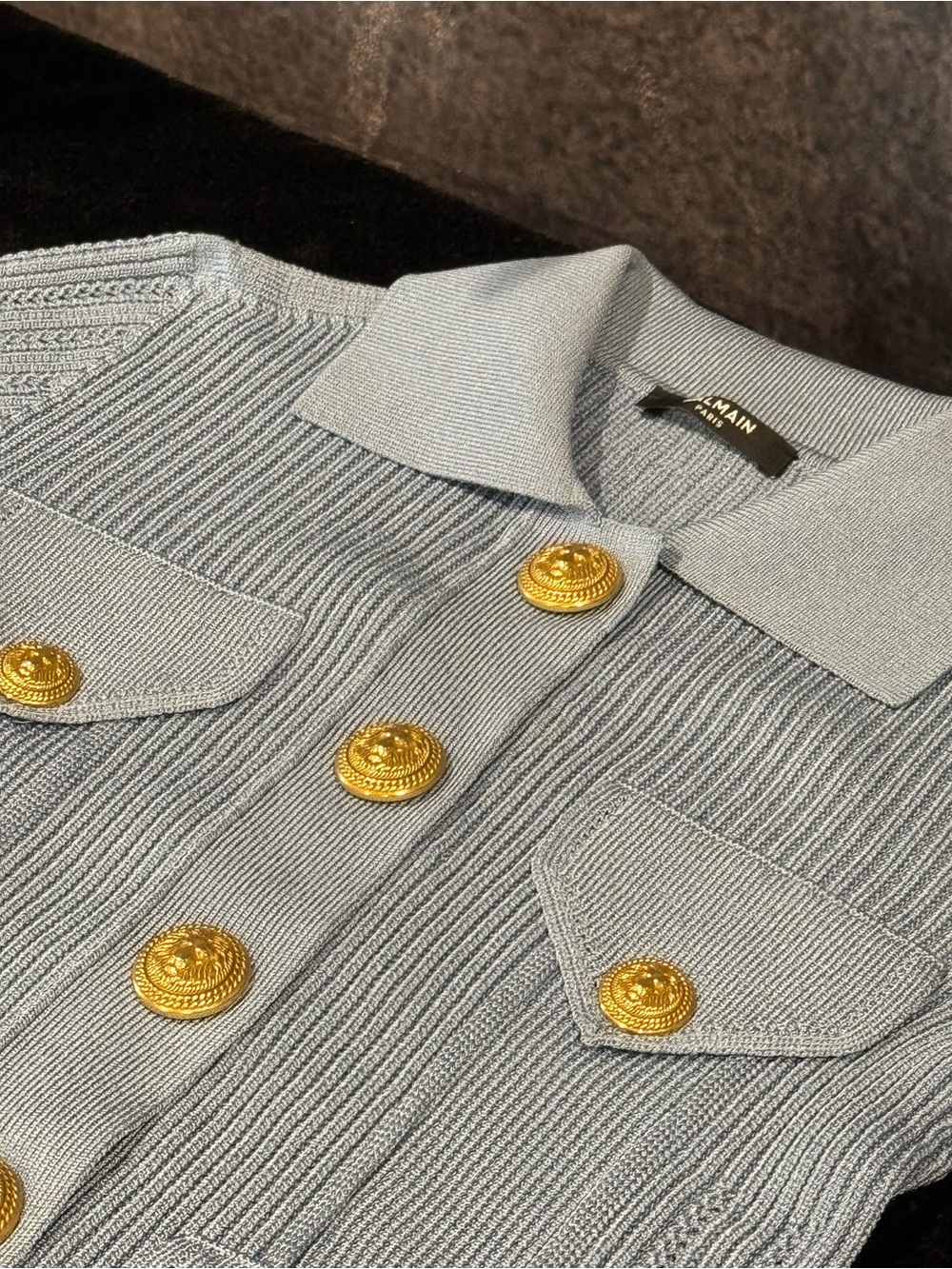 Balmain Rib Knit Cardigan Blue Gold Button Jacket - Picture 3 of 10